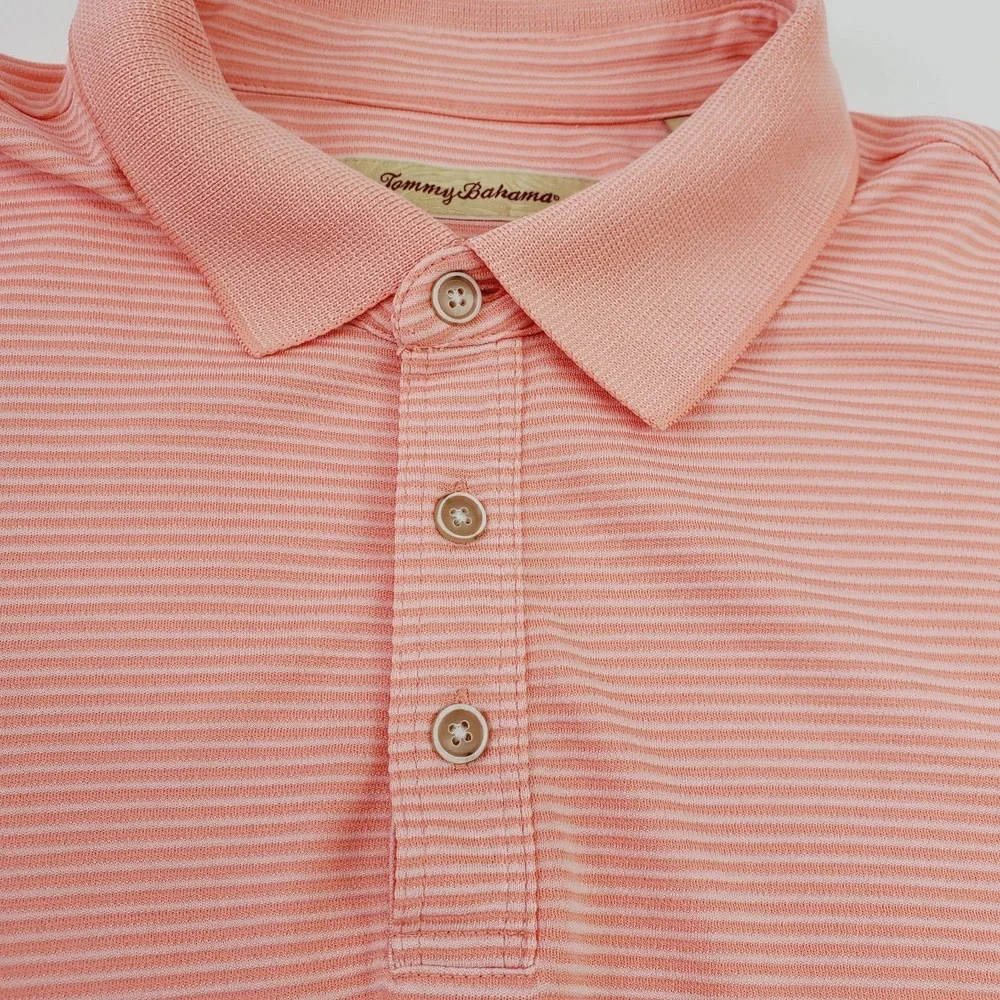 Tommy Bahama Polo Men XL Coral Stretch Striped Short‎ Sleeve Casual Outdoor